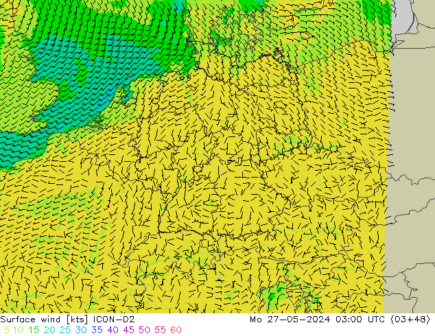 Surface wind ICON-D2 Mo 27.05.2024 03 UTC