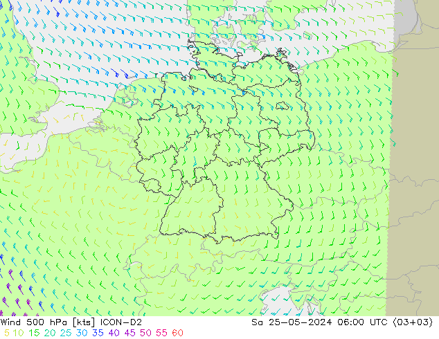 Wind 500 hPa ICON-D2 za 25.05.2024 06 UTC