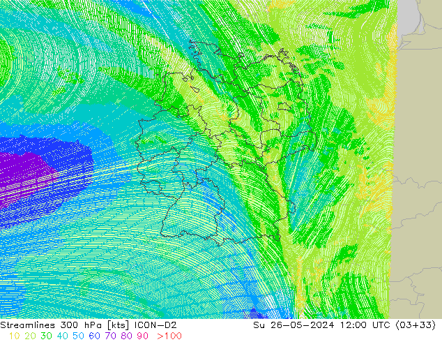 Línea de corriente 300 hPa ICON-D2 dom 26.05.2024 12 UTC