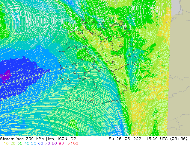 Streamlines 300 hPa ICON-D2 Su 26.05.2024 15 UTC