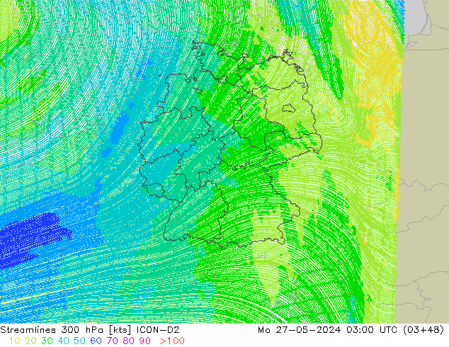 Stroomlijn 300 hPa ICON-D2 ma 27.05.2024 03 UTC