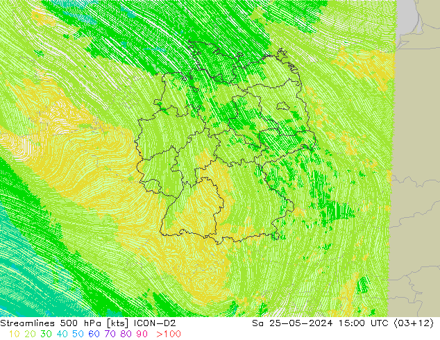 Línea de corriente 500 hPa ICON-D2 sáb 25.05.2024 15 UTC