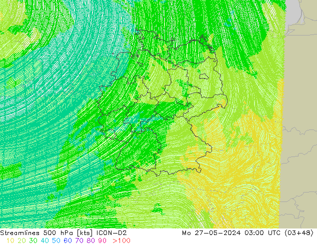 Ligne de courant 500 hPa ICON-D2 lun 27.05.2024 03 UTC