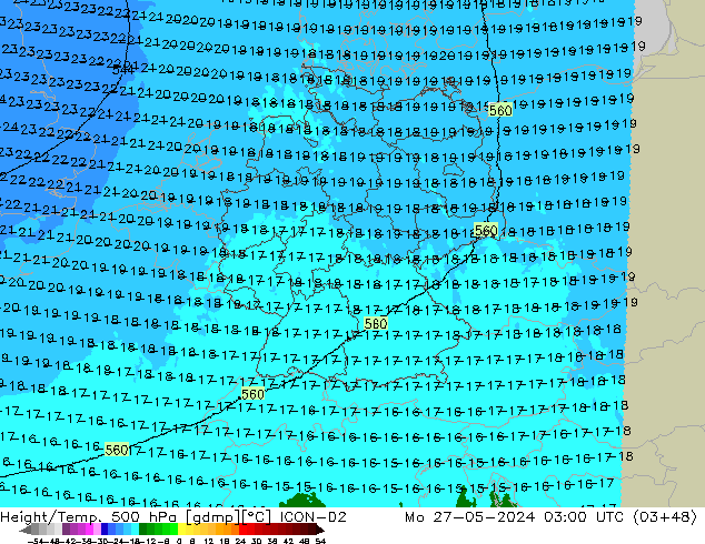 Height/Temp. 500 hPa ICON-D2 Mo 27.05.2024 03 UTC