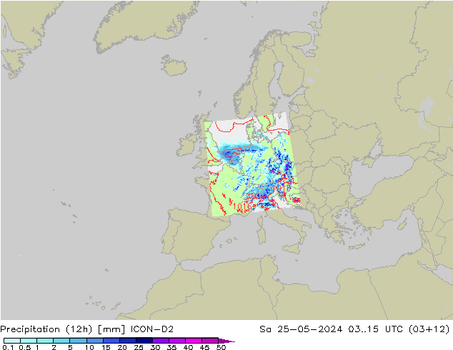 降水量 (12h) ICON-D2 星期六 25.05.2024 15 UTC