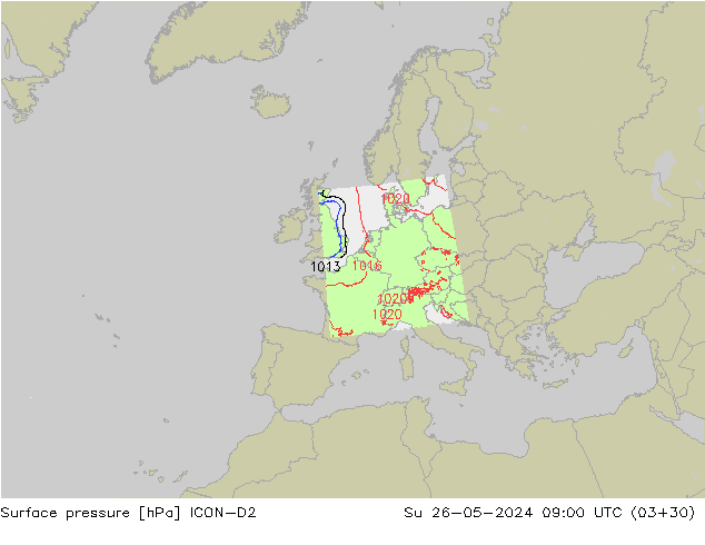 Atmosférický tlak ICON-D2 Ne 26.05.2024 09 UTC