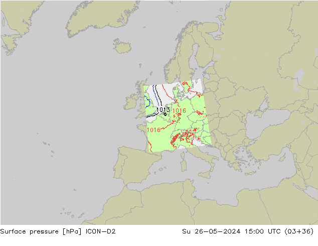 Presión superficial ICON-D2 dom 26.05.2024 15 UTC