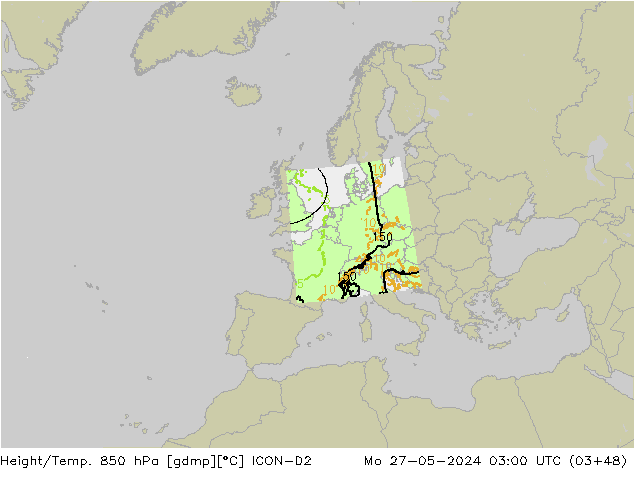 Height/Temp. 850 hPa ICON-D2 Mo 27.05.2024 03 UTC