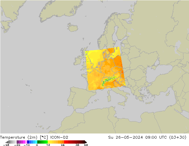 Temperatuurkaart (2m) ICON-D2 zo 26.05.2024 09 UTC