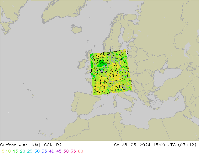 Vento 10 m ICON-D2 Sáb 25.05.2024 15 UTC