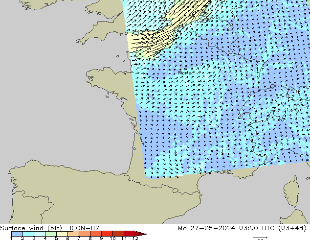 Surface wind (bft) ICON-D2 Mo 27.05.2024 03 UTC