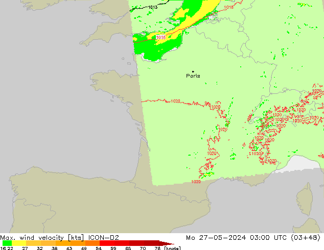 Max. wind snelheid ICON-D2 ma 27.05.2024 03 UTC