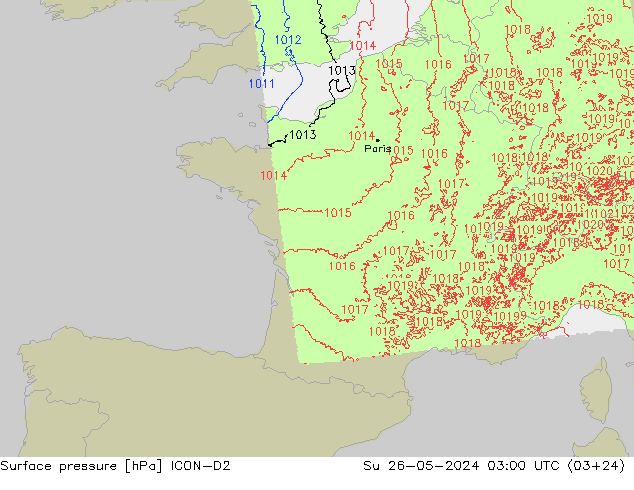 Surface pressure ICON-D2 Su 26.05.2024 03 UTC