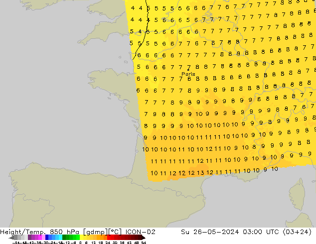 Height/Temp. 850 hPa ICON-D2 Dom 26.05.2024 03 UTC