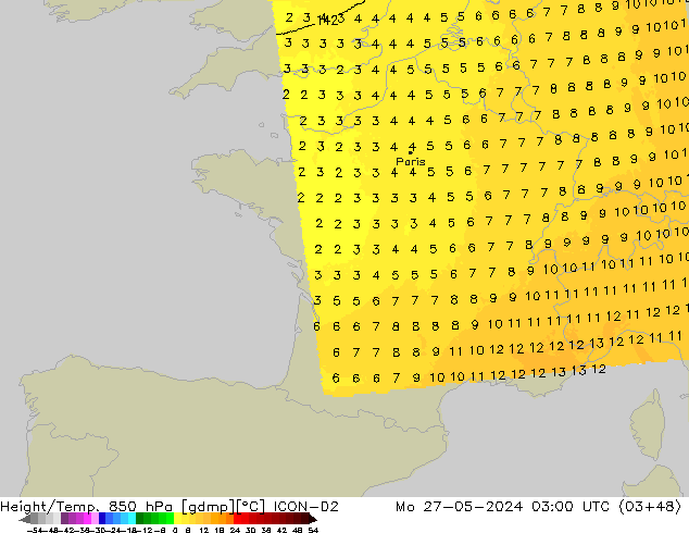 Height/Temp. 850 hPa ICON-D2 pon. 27.05.2024 03 UTC