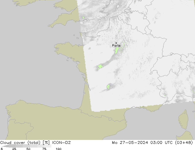 Cloud cover (total) ICON-D2 Mo 27.05.2024 03 UTC