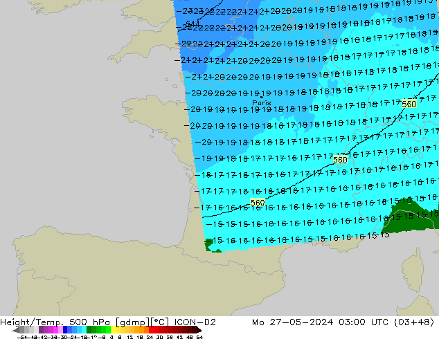 Height/Temp. 500 hPa ICON-D2 pon. 27.05.2024 03 UTC