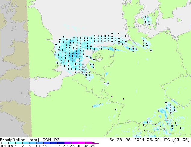 Srážky ICON-D2 So 25.05.2024 09 UTC