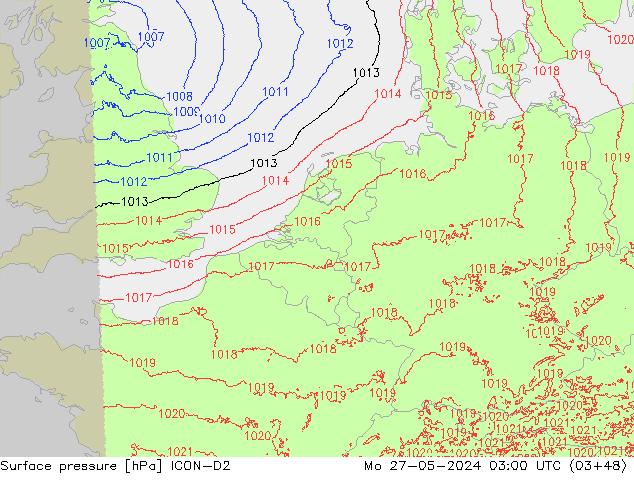 Surface pressure ICON-D2 Mo 27.05.2024 03 UTC