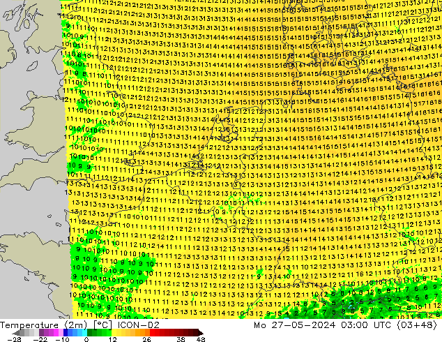 Temperatuurkaart (2m) ICON-D2 ma 27.05.2024 03 UTC