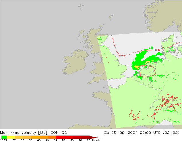 Max. wind velocity ICON-D2 sam 25.05.2024 06 UTC