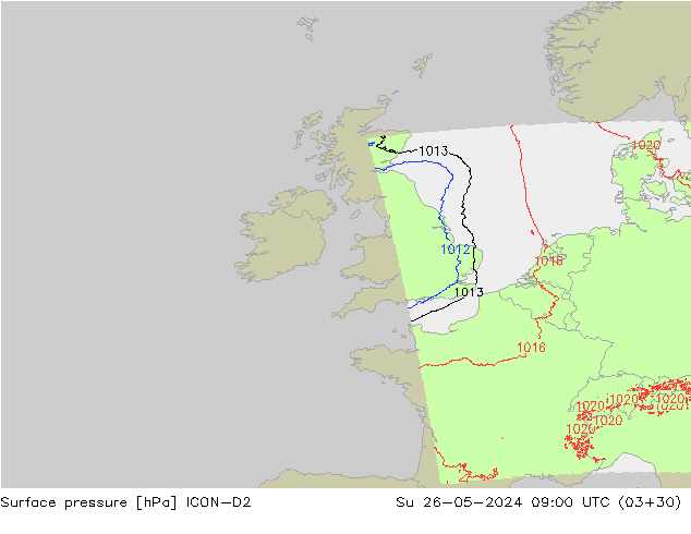 Presión superficial ICON-D2 dom 26.05.2024 09 UTC