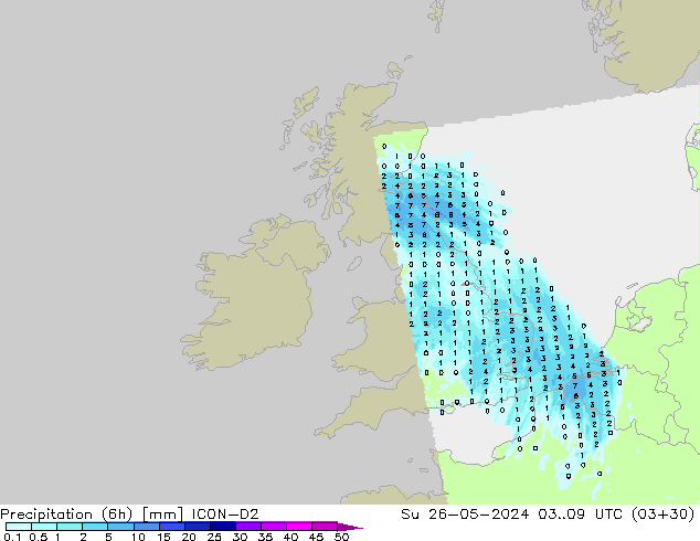 Precipitation (6h) ICON-D2 Su 26.05.2024 09 UTC