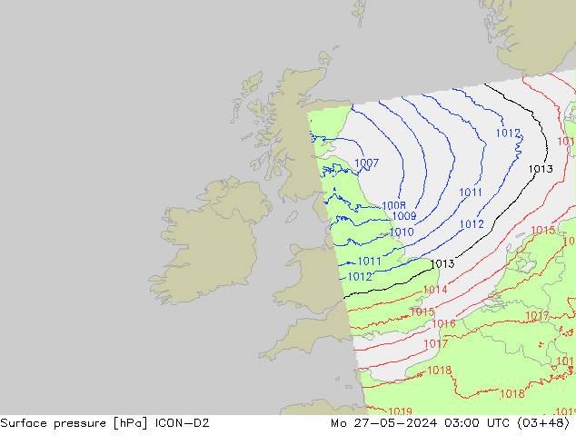 Presión superficial ICON-D2 lun 27.05.2024 03 UTC