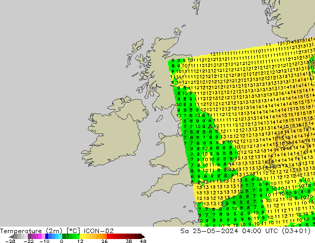 карта температуры ICON-D2 сб 25.05.2024 04 UTC