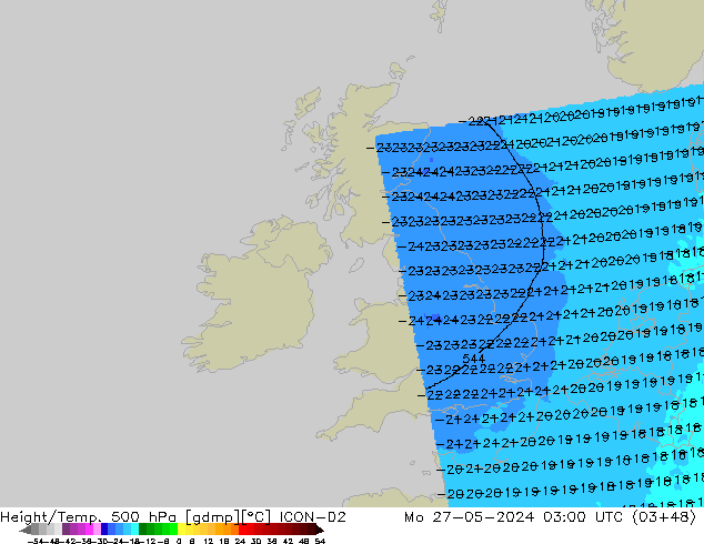 Geop./Temp. 500 hPa ICON-D2 lun 27.05.2024 03 UTC