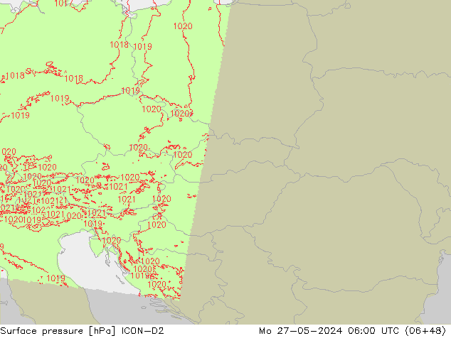 Pressione al suolo ICON-D2 lun 27.05.2024 06 UTC