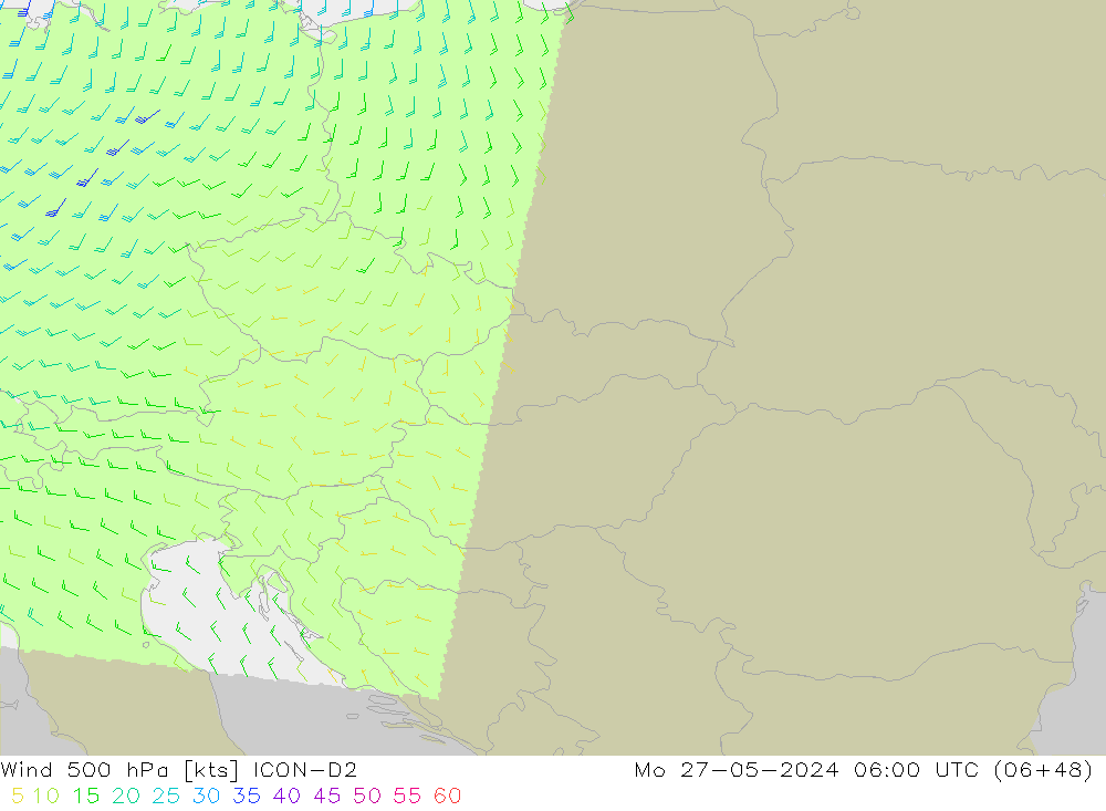 Vento 500 hPa ICON-D2 Seg 27.05.2024 06 UTC