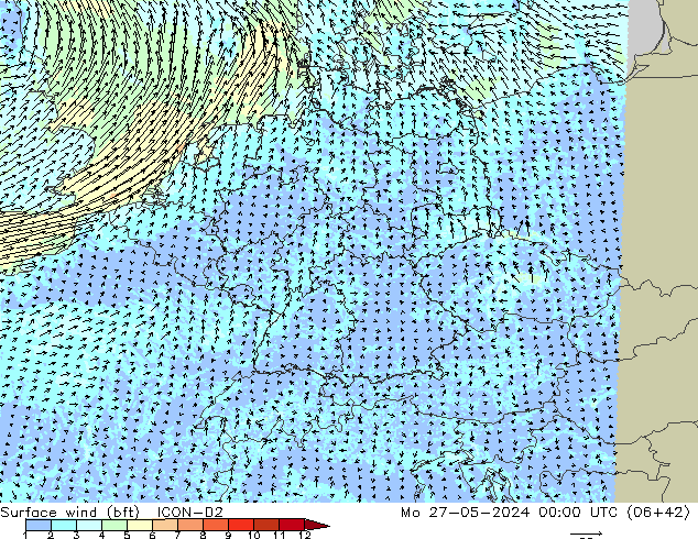 Surface wind (bft) ICON-D2 Po 27.05.2024 00 UTC