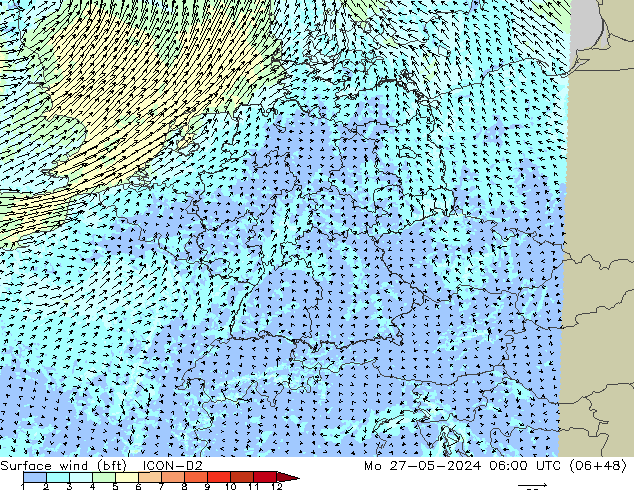 Surface wind (bft) ICON-D2 Mo 27.05.2024 06 UTC