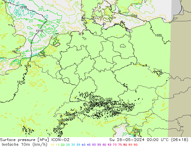 Izotacha (km/godz) ICON-D2 nie. 26.05.2024 00 UTC