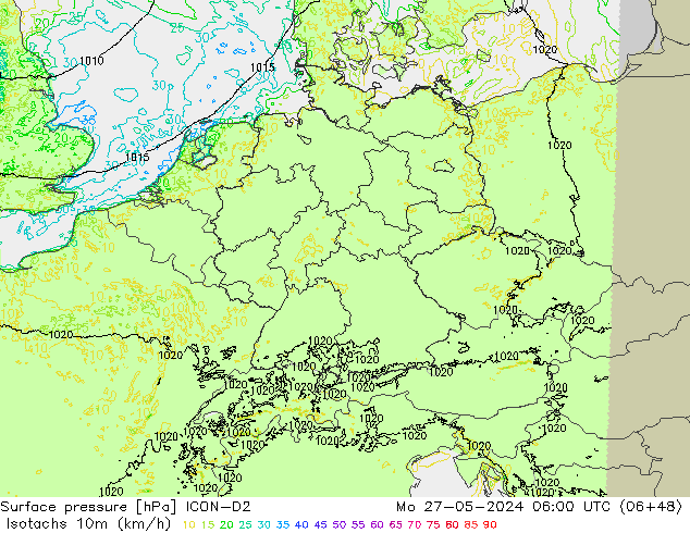 Isotachen (km/h) ICON-D2 Mo 27.05.2024 06 UTC