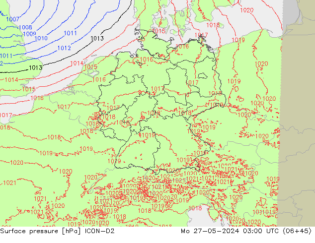 Surface pressure ICON-D2 Mo 27.05.2024 03 UTC