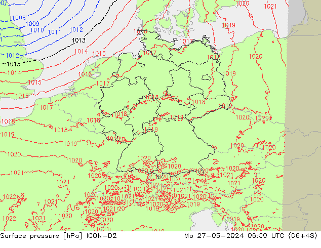 Surface pressure ICON-D2 Mo 27.05.2024 06 UTC