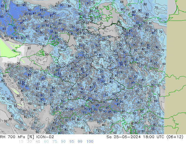 Humedad rel. 700hPa ICON-D2 sáb 25.05.2024 18 UTC