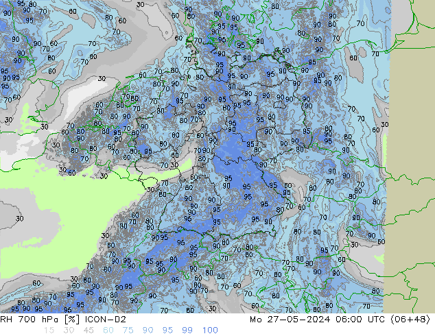 RH 700 hPa ICON-D2 Mo 27.05.2024 06 UTC