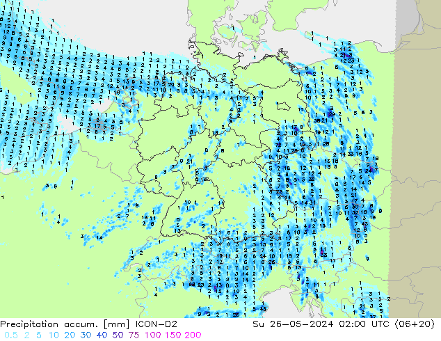 Precipitation accum. ICON-D2 星期日 26.05.2024 02 UTC