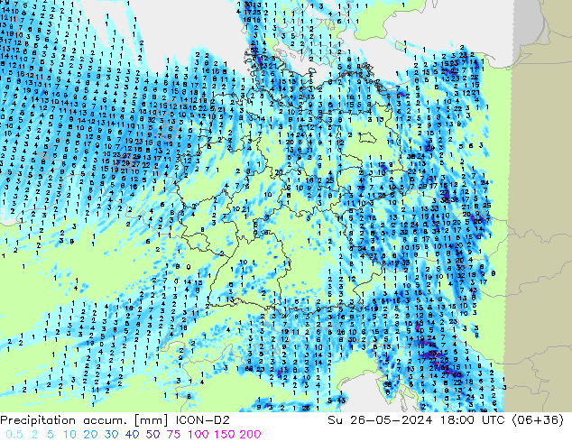 Precipitation accum. ICON-D2 nie. 26.05.2024 18 UTC