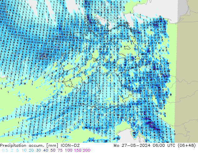 Precipitation accum. ICON-D2 Seg 27.05.2024 06 UTC