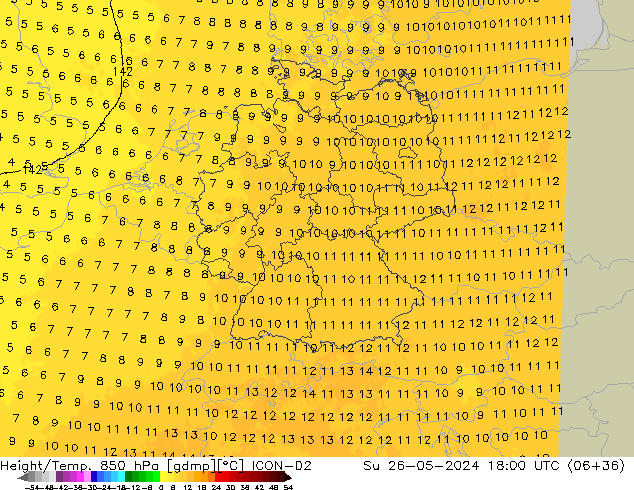 Height/Temp. 850 hPa ICON-D2 dom 26.05.2024 18 UTC