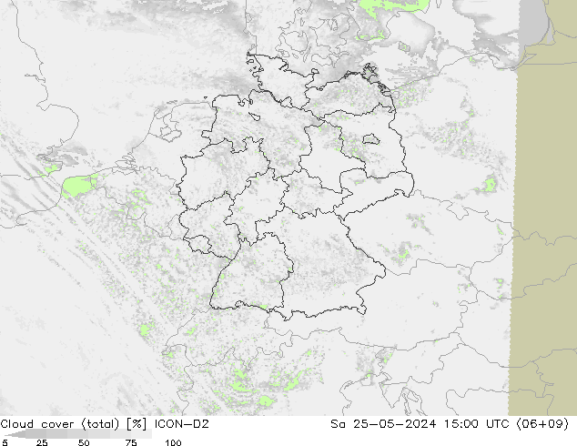 Nubes (total) ICON-D2 sáb 25.05.2024 15 UTC