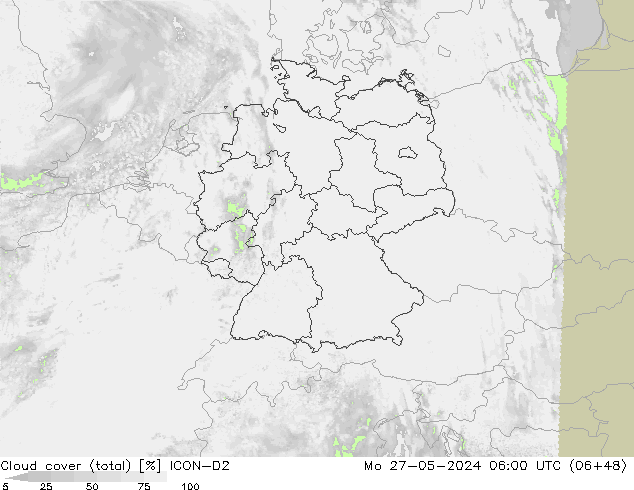 Cloud cover (total) ICON-D2 Po 27.05.2024 06 UTC