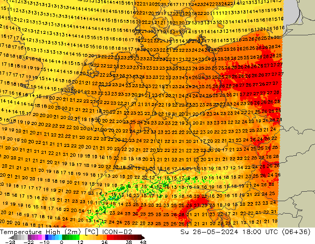 Höchstwerte (2m) ICON-D2 So 26.05.2024 18 UTC