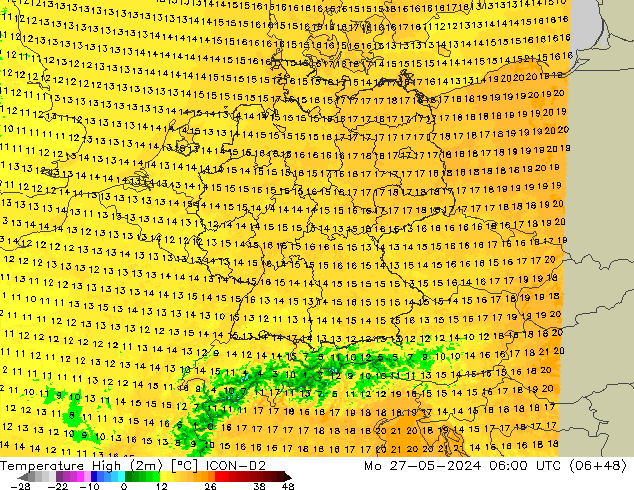 temperatura máx. (2m) ICON-D2 Seg 27.05.2024 06 UTC