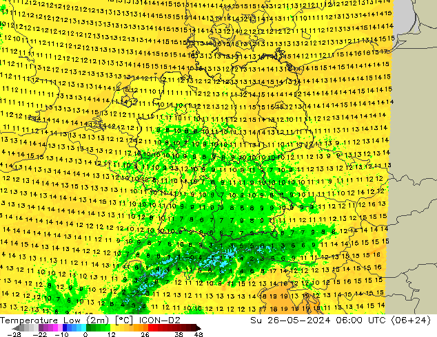 Min.temperatuur (2m) ICON-D2 zo 26.05.2024 06 UTC