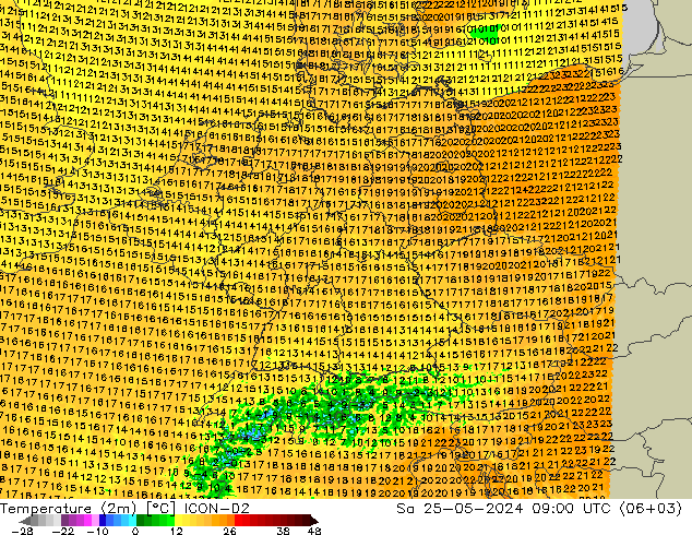 温度图 ICON-D2 星期六 25.05.2024 09 UTC